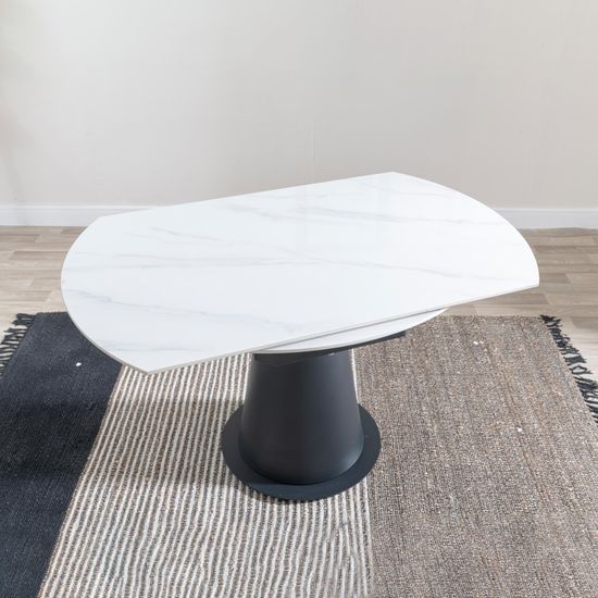 Carrara 4-6 Seater White Ceramic Round Swivel Motion Extending Dining Table with Black Pedestal Base - 135cm