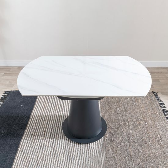 Carrara 4-6 Seater White Ceramic Round Swivel Motion Extending Dining Table with Black Pedestal Base - 135cm