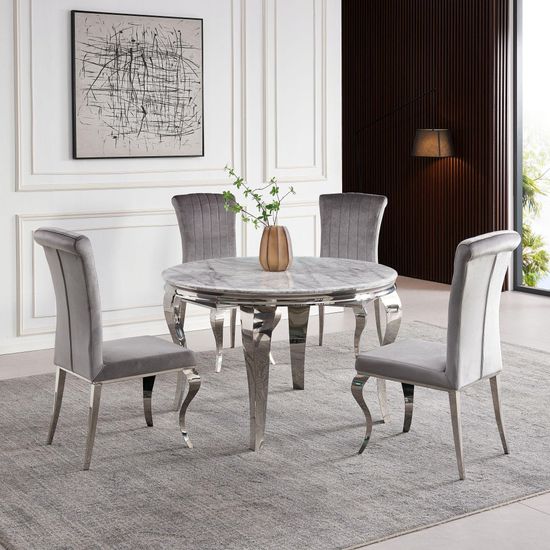 Louis 4 Seater Grey Marble and Chrome Round Dining Table - 120cm