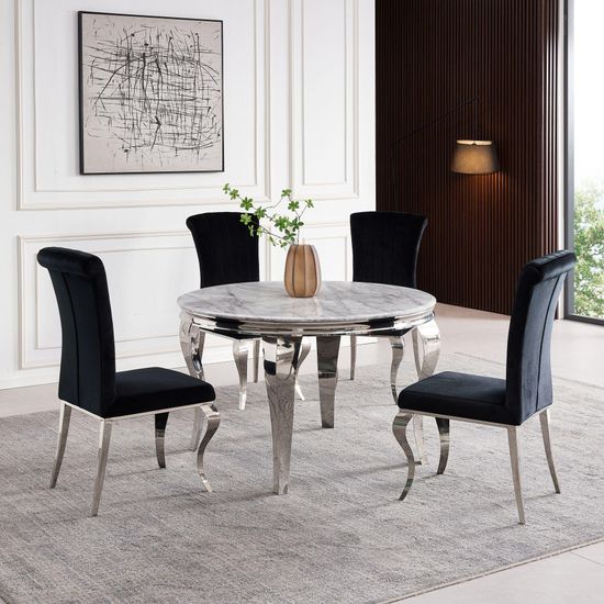 Louis 4 Seater Grey Marble and Chrome Round Dining Table - 120cm