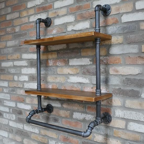 Dutch Black Metal Pipe 2 Wooden Wall Shelves