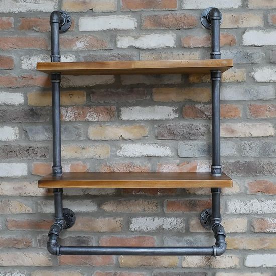 Dutch Black Metal Pipe 2 Wooden Wall Shelves