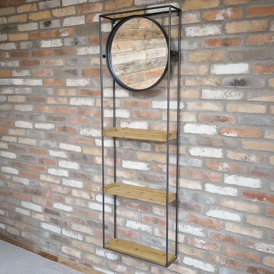 Dutch Industrial Fir Wood and Metal Wall Unit with Round Mirror
