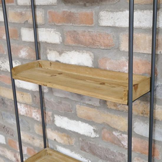 Dutch Industrial Fir Wood and Metal Wall Unit with Round Mirror