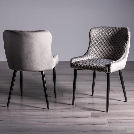 Bentley Designs Turin Glass 4 Seater Dining Table Light Oak Legs with 4 Cezanne Grey Velvet Chairs - Black Legs