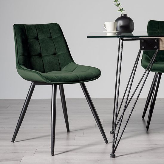 2 x Bentley Designs Seurat Green Velvet Fabric Dining Chair with Black Legs