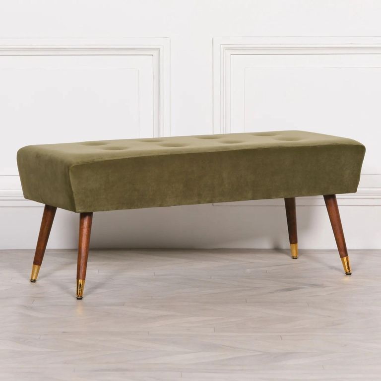 Buttoned Ottoman Bench - Olive Green Velvet