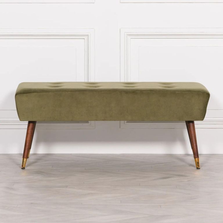 Buttoned Ottoman Bench - Olive Green Velvet