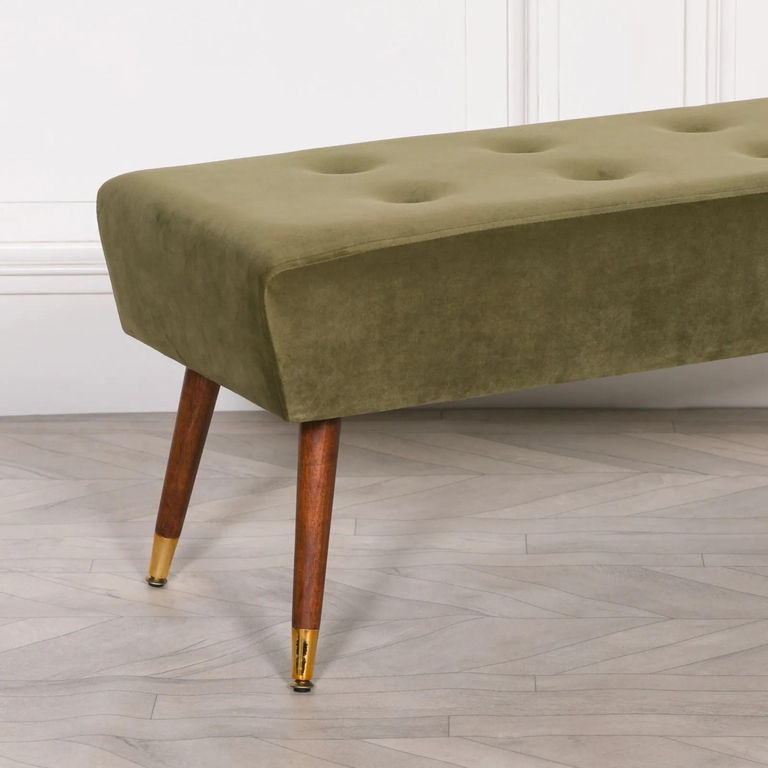 Buttoned Ottoman Bench - Olive Green Velvet