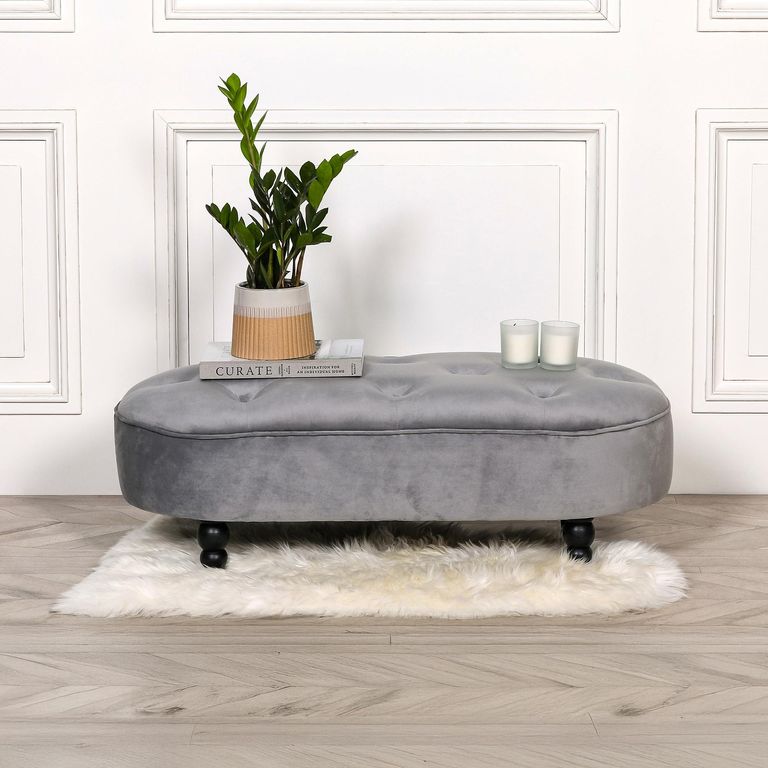 Oval Bench - Grey Velvet Fabric