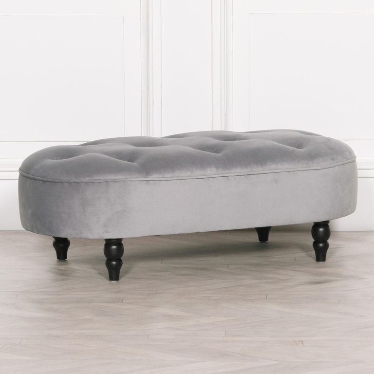 Oval Bench - Grey Velvet Fabric