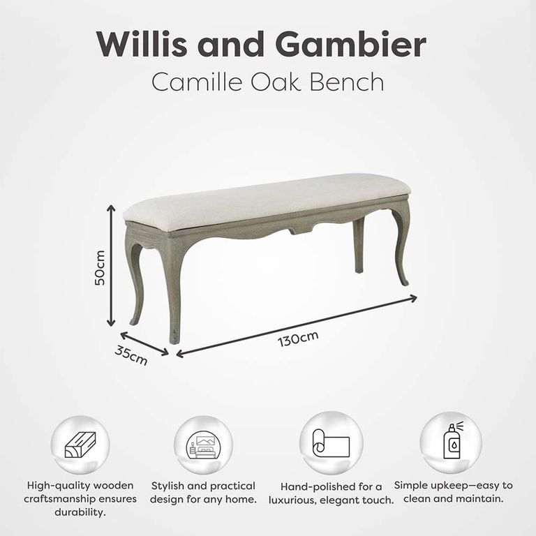 Camille Padded Bedroom Bench - Grey Oak