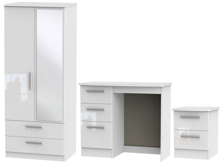Knightsbridge White Gloss 3 Piece Bedroom Set with 2 Door Combi Wardrobe