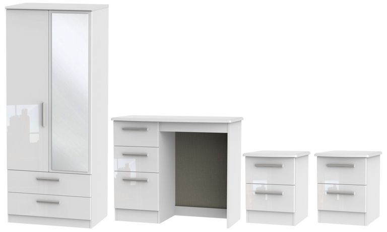Knightsbridge White Gloss 4 Piece Bedroom Set with 2 Door Combi Wardrobe