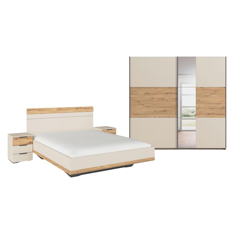 Rauch Sajo 160cm Bedroom Set with Mirror Wardrobe - Champagne and Artisan Oak