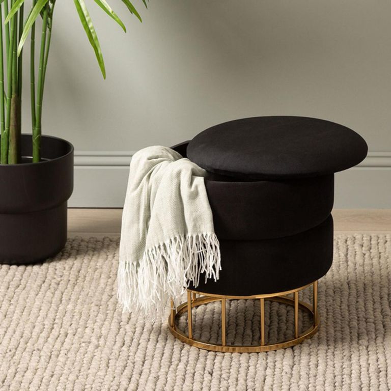 Storage Stool - Round - Black Velvet Fabric