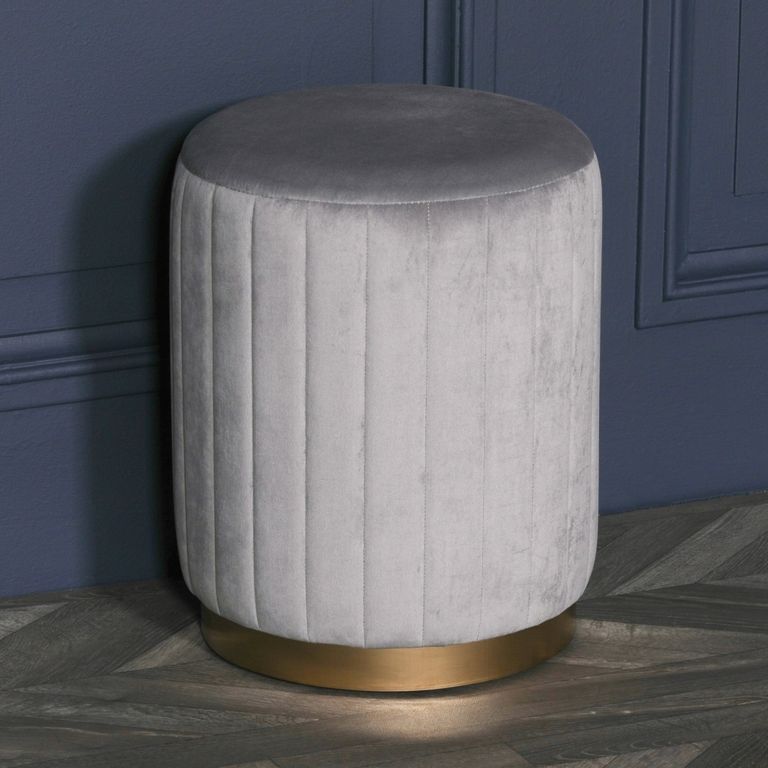 Ribbed Round Stool - Light Grey Velvet