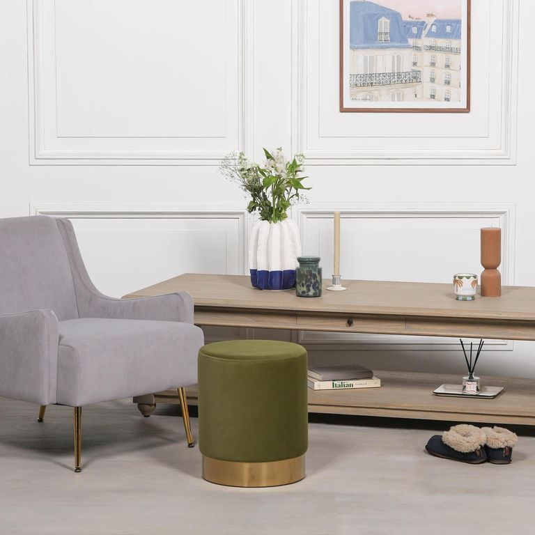 Round Stool - Olive Green Velvet