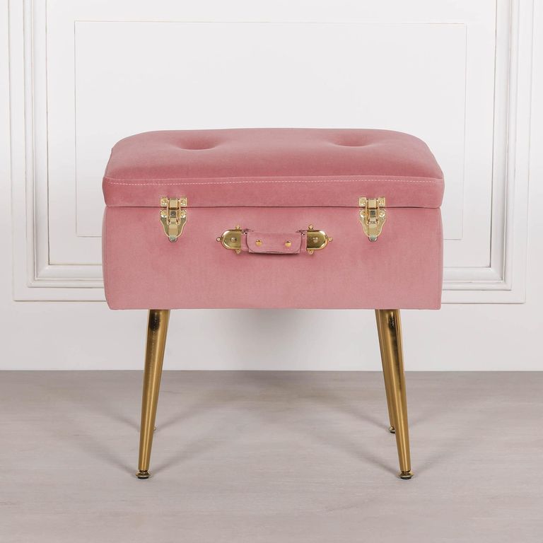 Suitcase Stool with Gold Legs - Pink Velvet