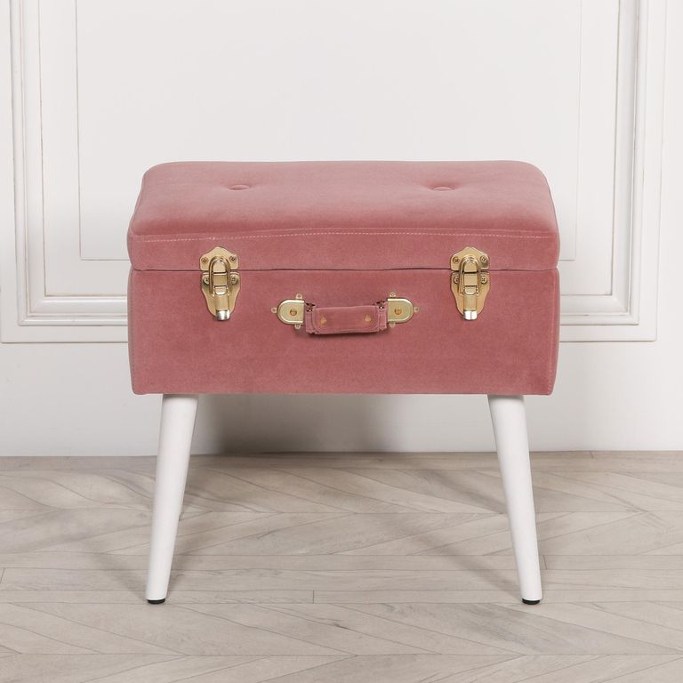 Suitcase Stool with White Legs - Pink Velvet