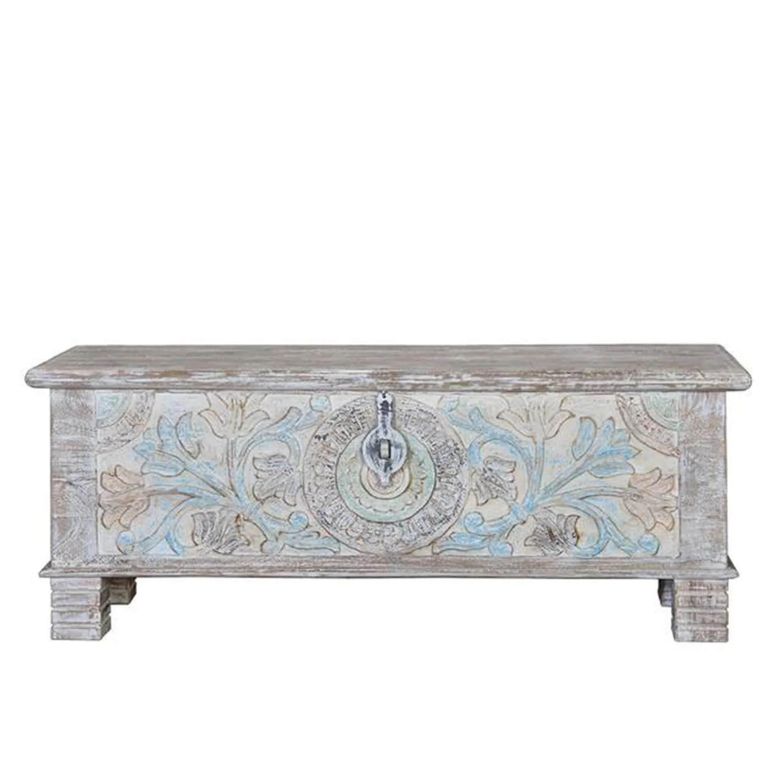 Innerbraz Storage Trunk - White Carved - Mango Wood