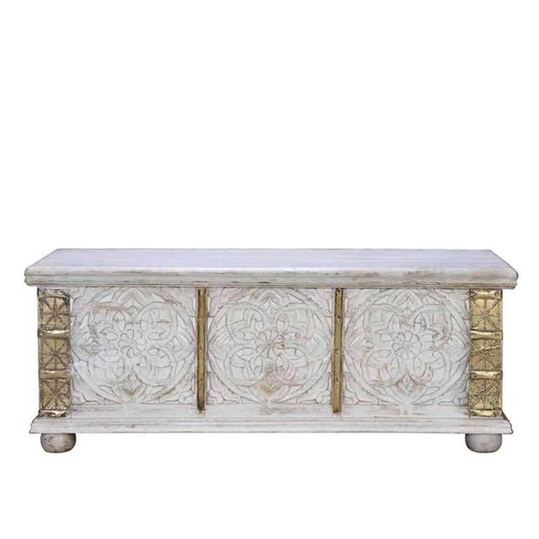 Jenbach Storage Trunk - Distressed White Carved - Mango Wood