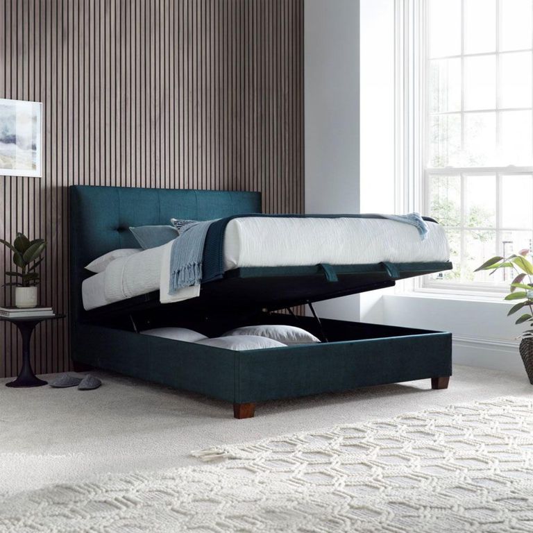 Walkworth Ottoman Storage Bed - Deep Ocean Blue Fabric - Sizes Available