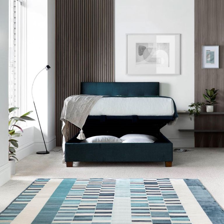 Walkworth Ottoman Storage Bed - Deep Ocean Blue Fabric - Sizes Available