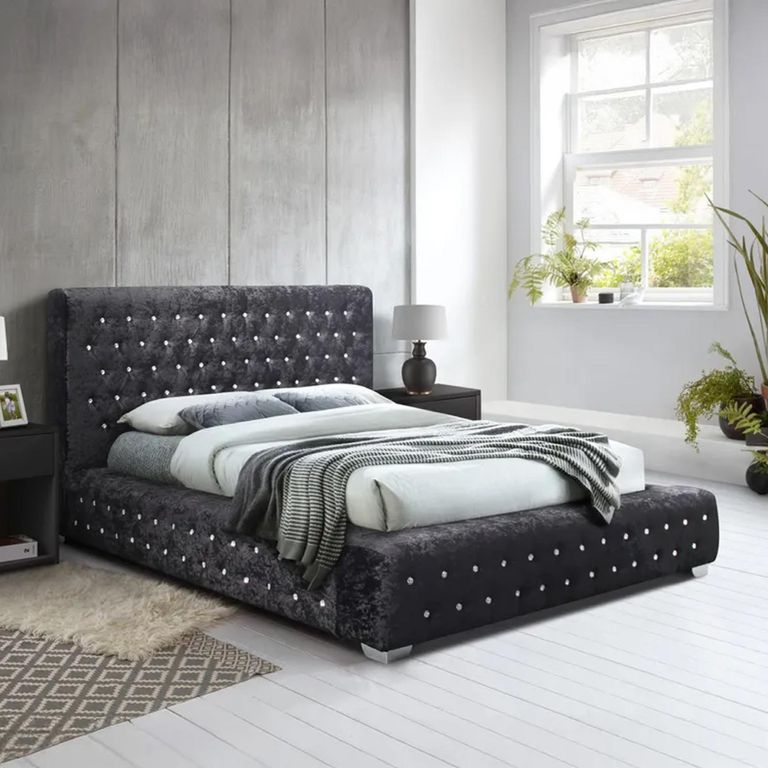 Clearance - Grande Bed - 6ft Queen Size - Black Crushed Velvet Fabric - FSS16604