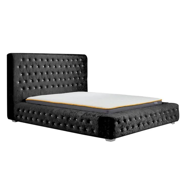 Clearance - Grande Bed - 6ft Queen Size - Black Crushed Velvet Fabric - FSS16604