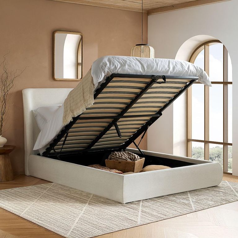 Lanis Ottoman Storage Bed - Cream Linen Fabric - Sizes Available