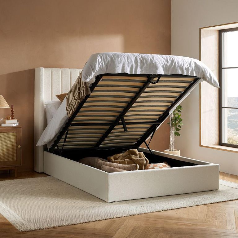 Maisey Ottoman Storage Bed - White Boucle Fabric - Sizes Available