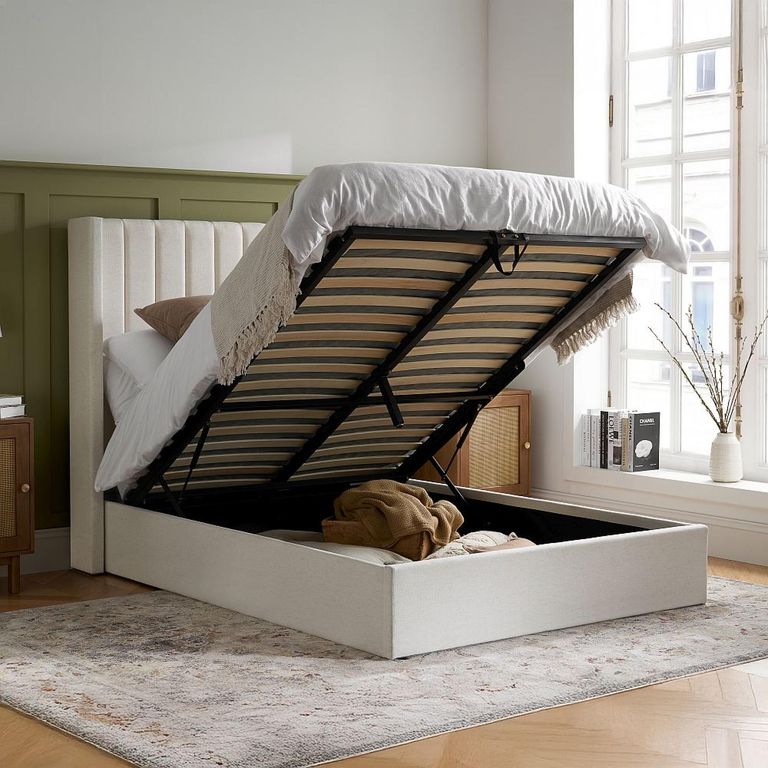 Maisey Ottoman Storage Bed - White Linen Fabric - Sizes Available