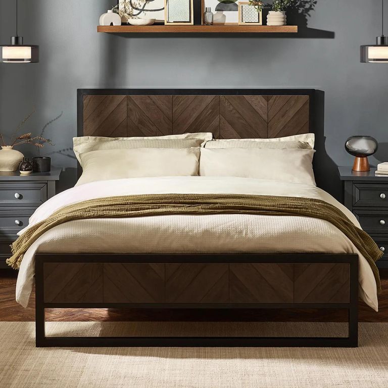 Harrison Herringbone Bed - Brown and Black - Wood and Metal - Size Available