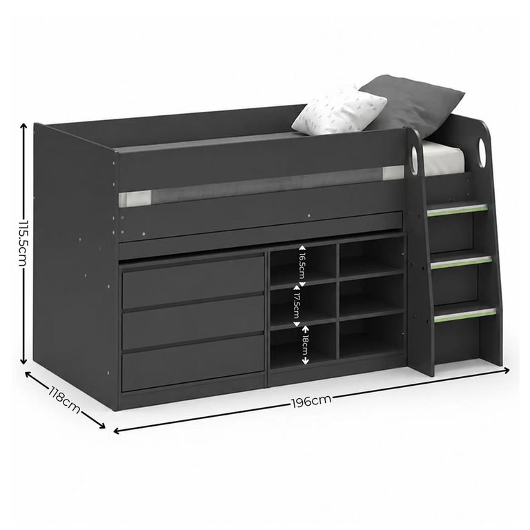 Vespa Midsleeper Storage Bed - Anthracite - Wood