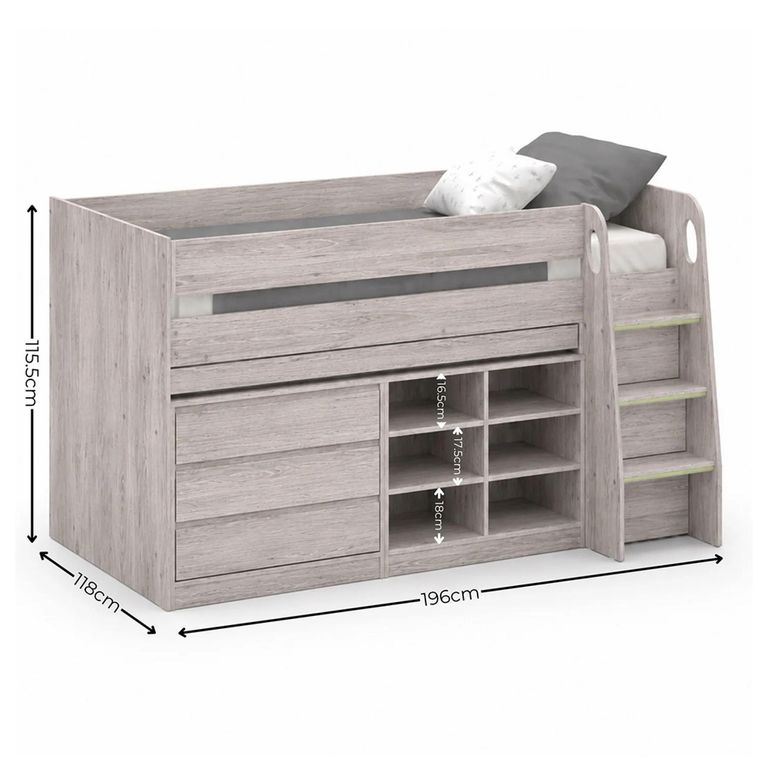 Vespa Midsleeper Storage Bed - Grey - Oak Effect