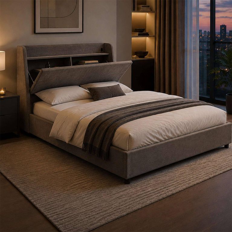 Blake Ottoman Storage Bed- with USB Charging - Grey - Fabric - Sizes Available