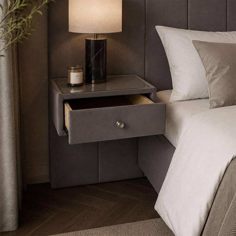 Sloan Bed - with Built-In Side Table - Grey Velvet - Fabric - Sizes Available