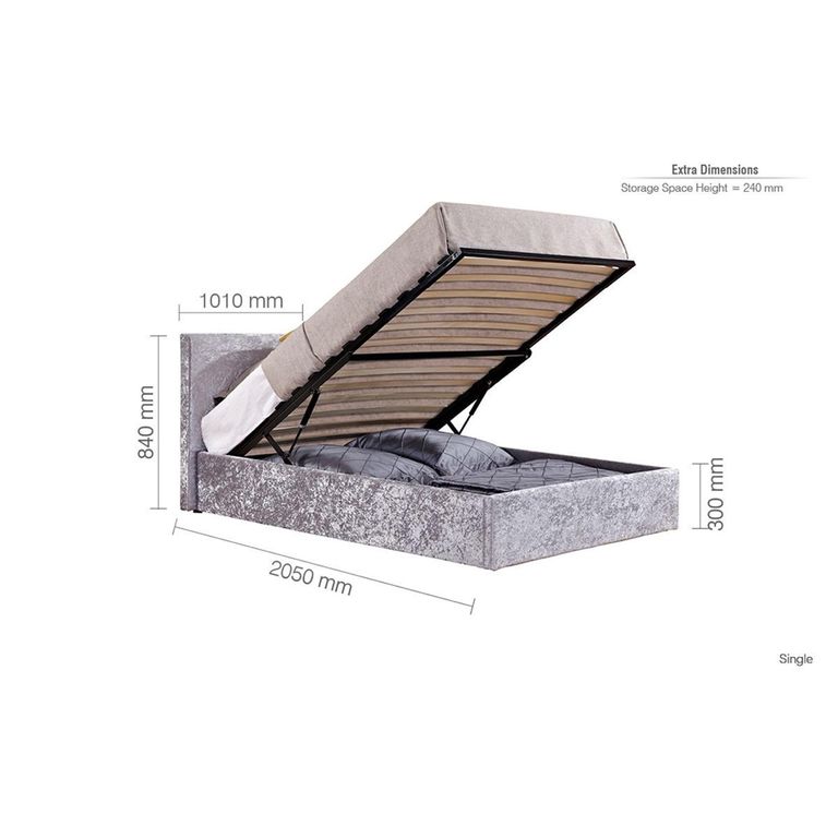 Berlin Ottoman Storage Bed - Steel Crushed Velvet Fabric - Sizes Available