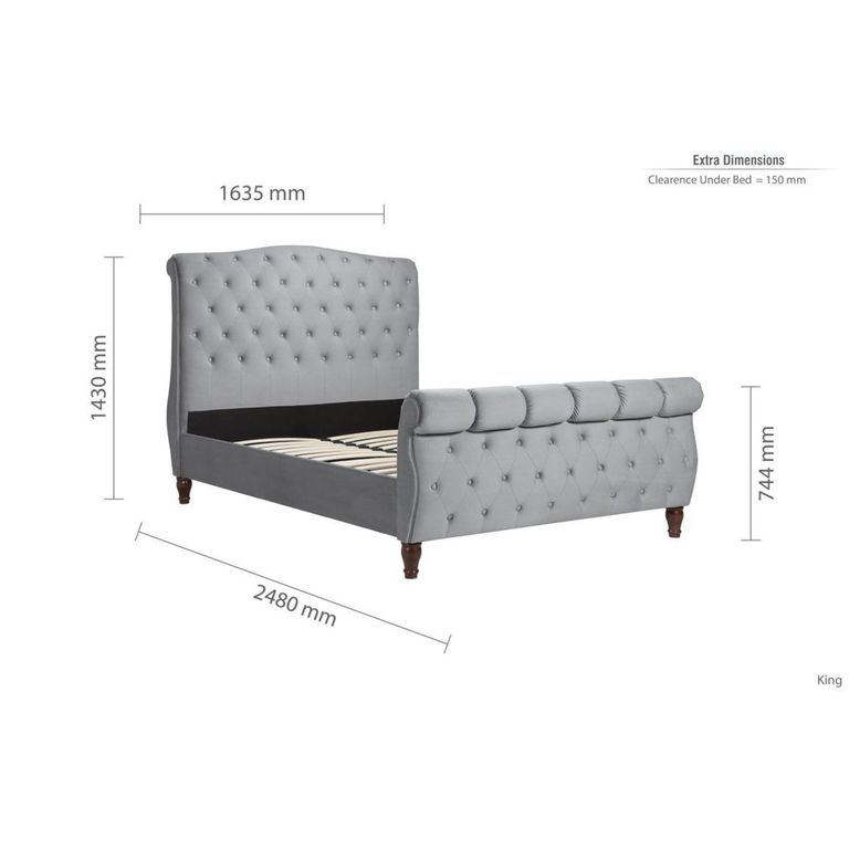 Colorado Bed - Grey Velvet Fabric - Sizes Available