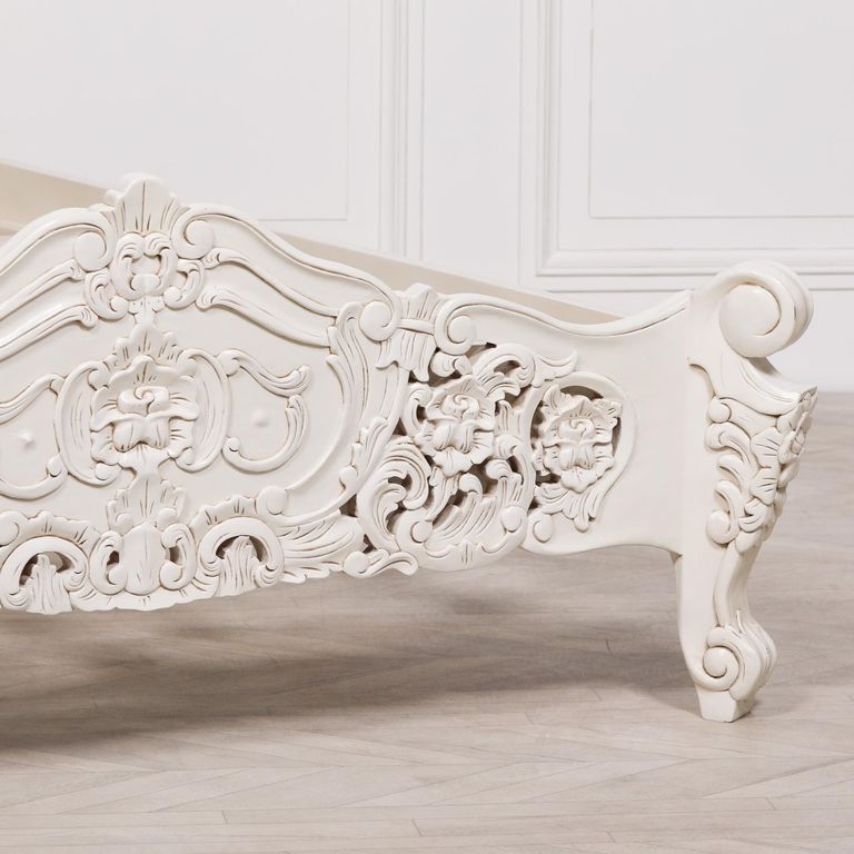 French Style Horatio Bed - White Mahogany - Carved - Sizes Available