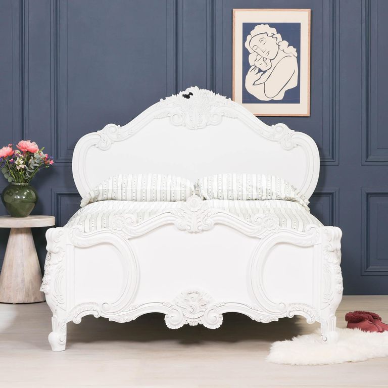 French Rose Cherub Bed - White Mahogany - Carved - Sizes Available
