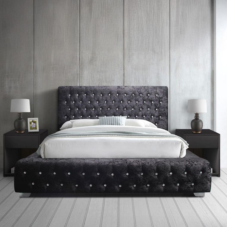 Grande Bed - Black Crushed Velvet Fabric - Sizes Available