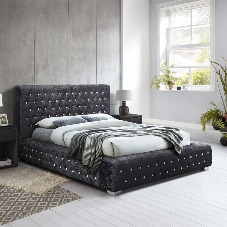 Grande Bed - Black Crushed Velvet Fabric - Sizes Available