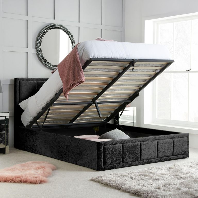 Hannover Ottoman Storage Bed - Black Velvet Fabric - Sizes Available