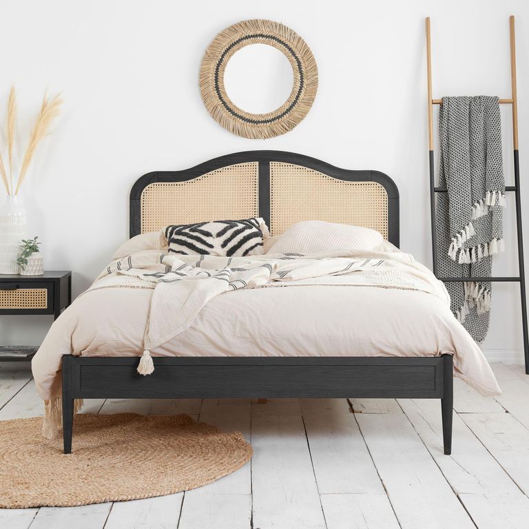 Leonie Bed - Black Oak and Rattan - Sizes Available