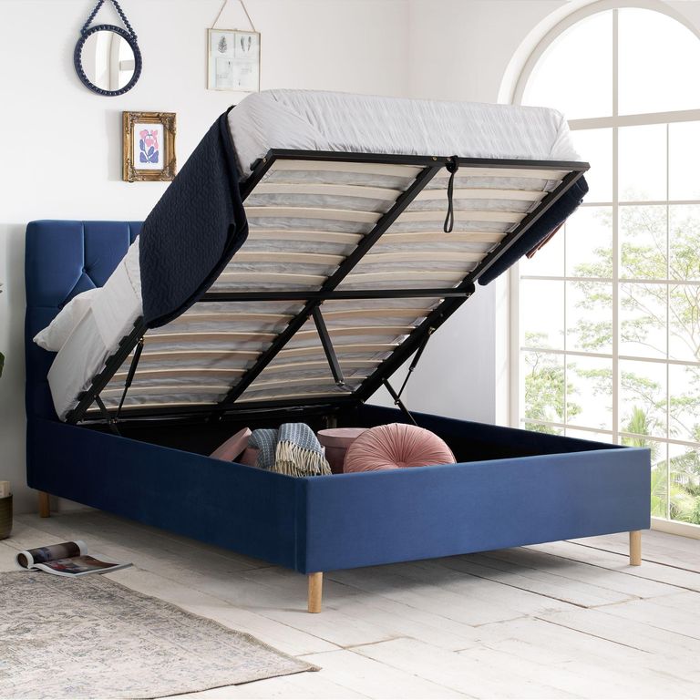 Loxley Ottoman Storage Bed - Blue Fabric - Sizes Available