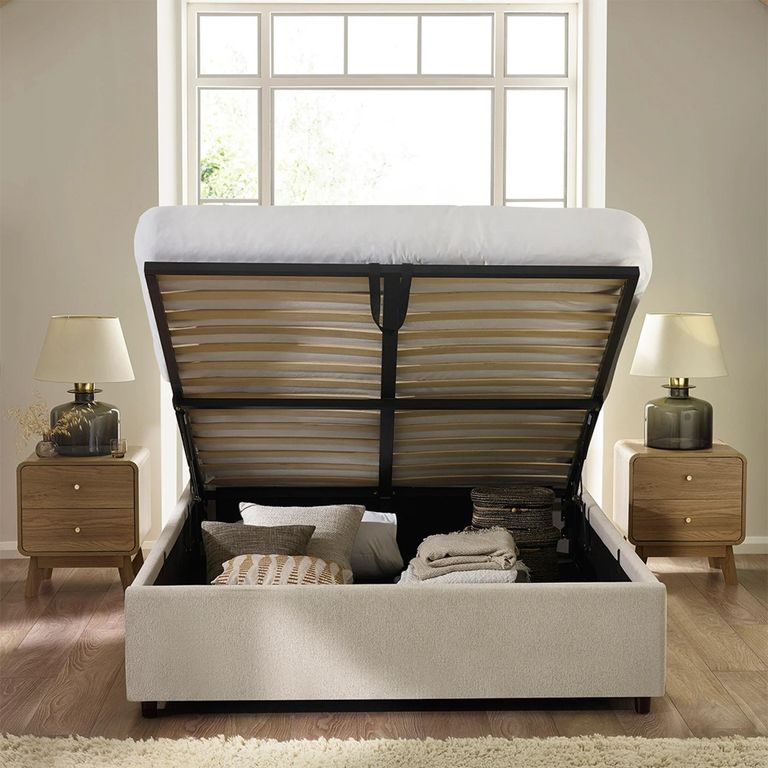 Maddock Ottoman Storage Bed - Beige Fabric - Sizes Available