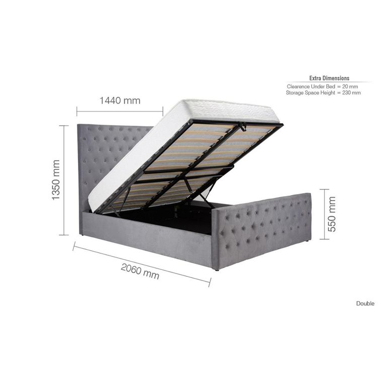 Marquis Ottoman Storage Bed - Grey Velvet Fabric - Sizes Available