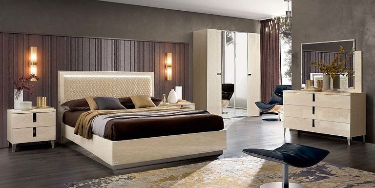 Ambra Bed - 6ft Queen Size - Upholstered Headboard - Sand Birch